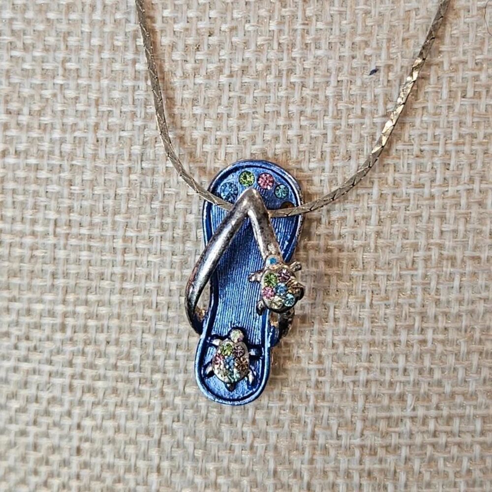 Turtle Flip-Flop Necklace Rhinestone Crystals Resortwear Beach Whimsical